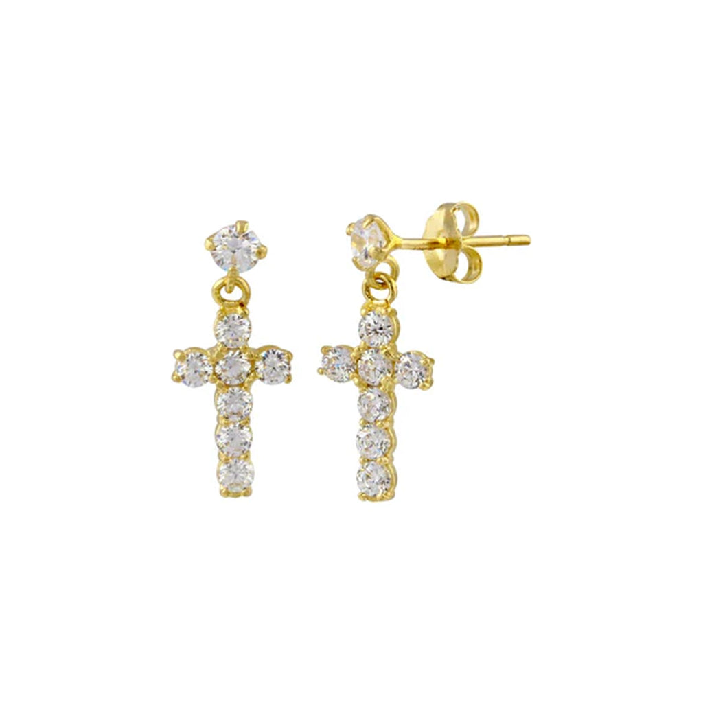 Yellow Gold Dangling Cross Stud Earrings