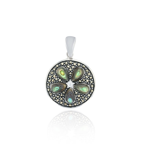 Abalone Sand Dollar Round Floral with Marcasite Pendant
