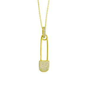 Gold Plated Safety Pin Pave Necklace