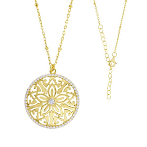 Gold Tone Floral Filigree Round Disc Halo Necklace