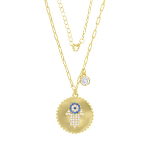 Hamsa Sapphire  Round Disc with RD Bezel Necklace