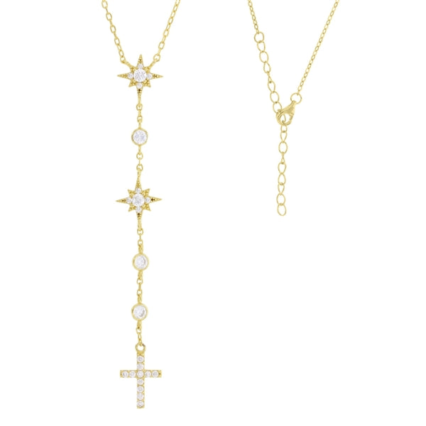 North Stars with Cross and Round Bezel  Drop Necklace