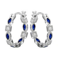 Rhodium Plated Inner and Outer Blue Clear Hoop Earrings