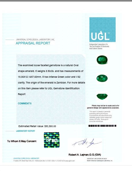 Green Emerald Oval GIA Certified 8.89 cts.