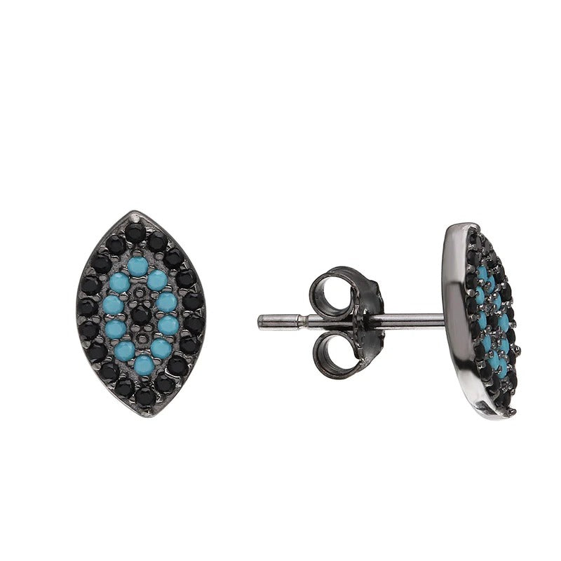 Black Rhodium Evil Eye Earrings with Black and Turquoise Stones